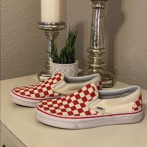 Red and white Checkered Slip on Vans